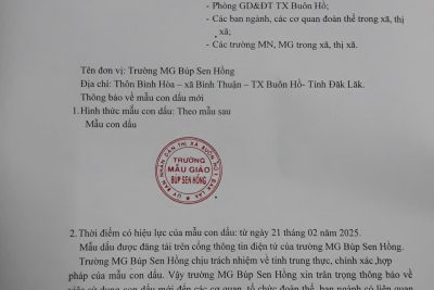 Thông báo về việc sử dụng mẫu con dấu mới của trường MG Búp Sen Hồng